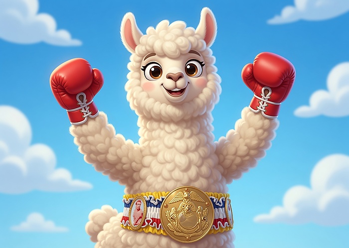 Alpaka mit roten Boxhandschuhen und Champion-Gürtel jubelt vor blauem Himmel