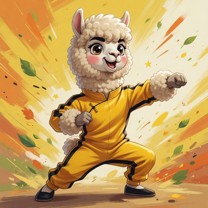 Alpaka im gelben Kampfsportanzug in einer Kung-Fu-Kampfpose