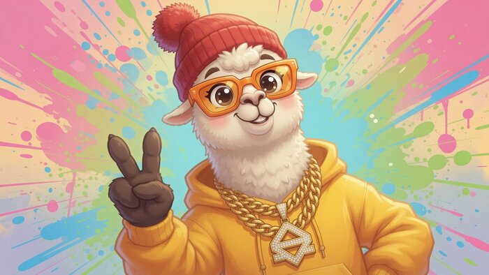 Cooles Alpaka mit Sonnenbrille, Mütze und Goldkette macht ein Peace-Zeichen