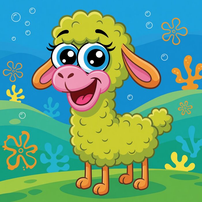 Knallgrünes, flauschiges Alpaka mit großen Augen vor einer bunten Unterwasser-Kulisse