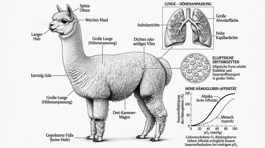 Anatomische Gesamtübersicht eines Alpakas mit Beschriftungen zu spitzen Ohren, weichem Maul, langem Hals, großer Lunge, dichtem Vlies, Drei-Kammer-Magen und gepolsterten Füßen, sowie Detailgrafiken zu Lungen-Höhenanpassung, elliptischen Erythrozyten und Hämoglobin-Affinität