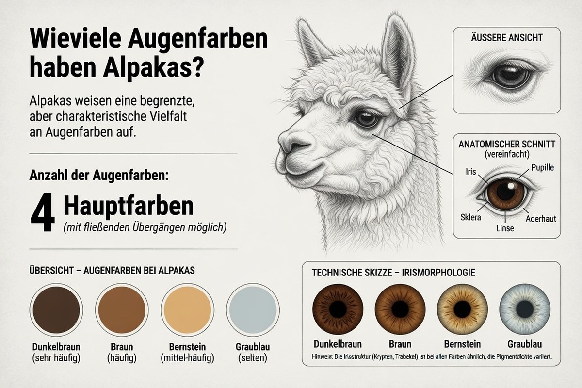 Infografik zu den Augenfarben von Alpakas: vier Hauptfarben (Dunkelbraun sehr häufig, Braun häufig, Bernstein mittel-häufig, Graublau selten) mit Farbfeldern und Irisdarstellungen, dazu eine äußere Ansicht des Auges und ein vereinfachter anatomischer Schnitt mit Iris, Pupille, Sklera, Linse und Aderhaut