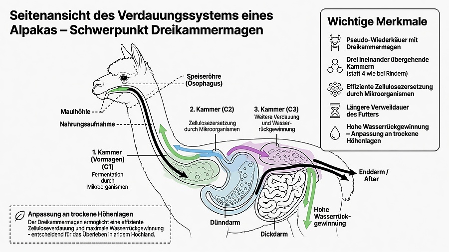 Illustration des Verdauungssystems eines Alpakas mit Fokus auf den Dreikammermagen: 1. Kammer (Vormagen/C1) mit Fermentation, 2. Kammer (C2) mit Zelluloseabbau, 3. Kammer (C3) mit Wasserrückgewinnung, sowie Speiseröhre, Dünndarm und Dickdarm