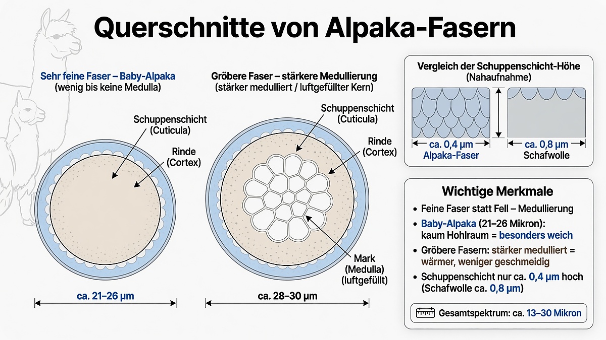 Grafik mit Querschnitten von Alpaka-Fasern: sehr feine Baby-Alpaka-Faser ohne Medulla im Vergleich zu gröberer, stärker medullierter Faser, sowie Vergleich der Schuppenschicht-Höhe zwischen Alpaka-Faser und Schafwolle
