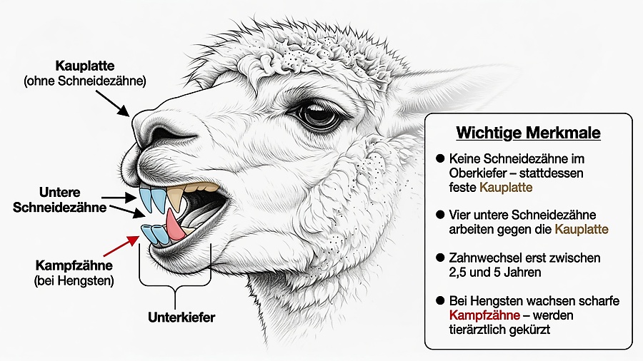 Illustration des Alpaka-Gebisses mit Kauplatte im Oberkiefer, unteren Schneidezähnen und Kampfzähnen bei Hengsten