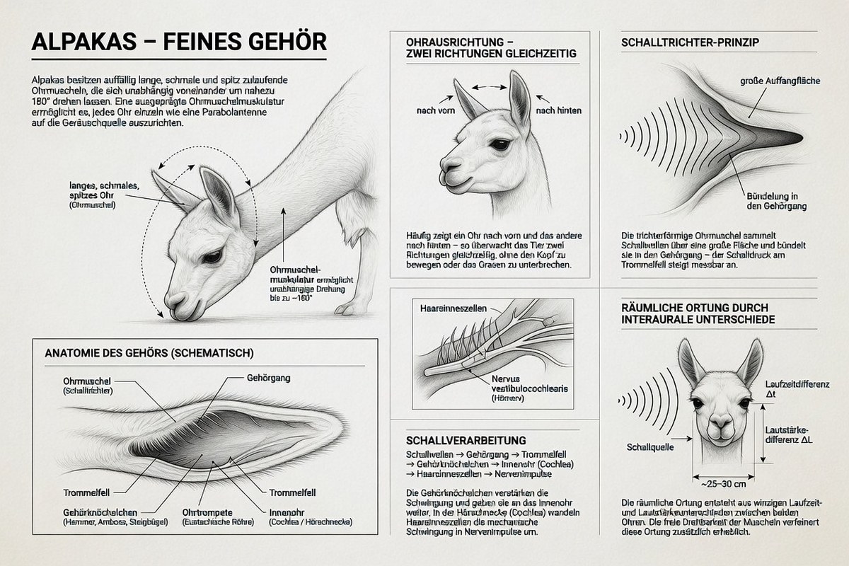 Übersichtsgrafik zum Gehör der Alpakas: unabhängig drehbare Ohrmuscheln bis etwa 180 Grad, Ohrausrichtung in zwei Richtungen gleichzeitig, Schalltrichter-Prinzip mit Bündelung in den Gehörgang, schematische Anatomie mit Ohrmuschel, Gehörgang, Trommelfell, Gehörknöchelchen, Ohrtrompete und Innenohr, Haarsinneszellen am Hörnerv sowie räumliche Ortung über Laufzeit- und Lautstärkedifferenz
