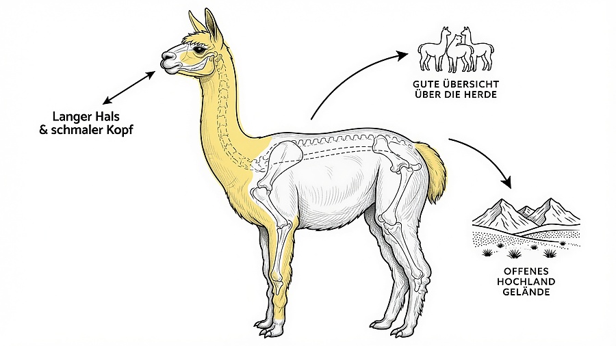 Skelettzeichnung eines Alpakas mit hervorgehobenem langem Hals und schmalem Kopf, daneben Illustrationen zu Herdenüberblick und offenem Hochlandgelände