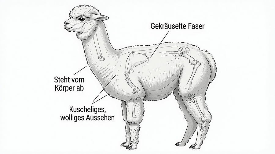 Anatomische Illustration eines Huacaya-Alpakas mit hervorgehobenem Skelett, gekräuselter, vom Körper abstehender Faser und kuscheligem, wolligem Aussehen