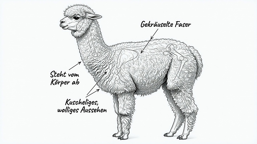 Illustration eines Huacaya-Alpakas mit hervorgehobener gekräuselter, vom Körper abstehender Faser und kuscheligem, wolligem Aussehen