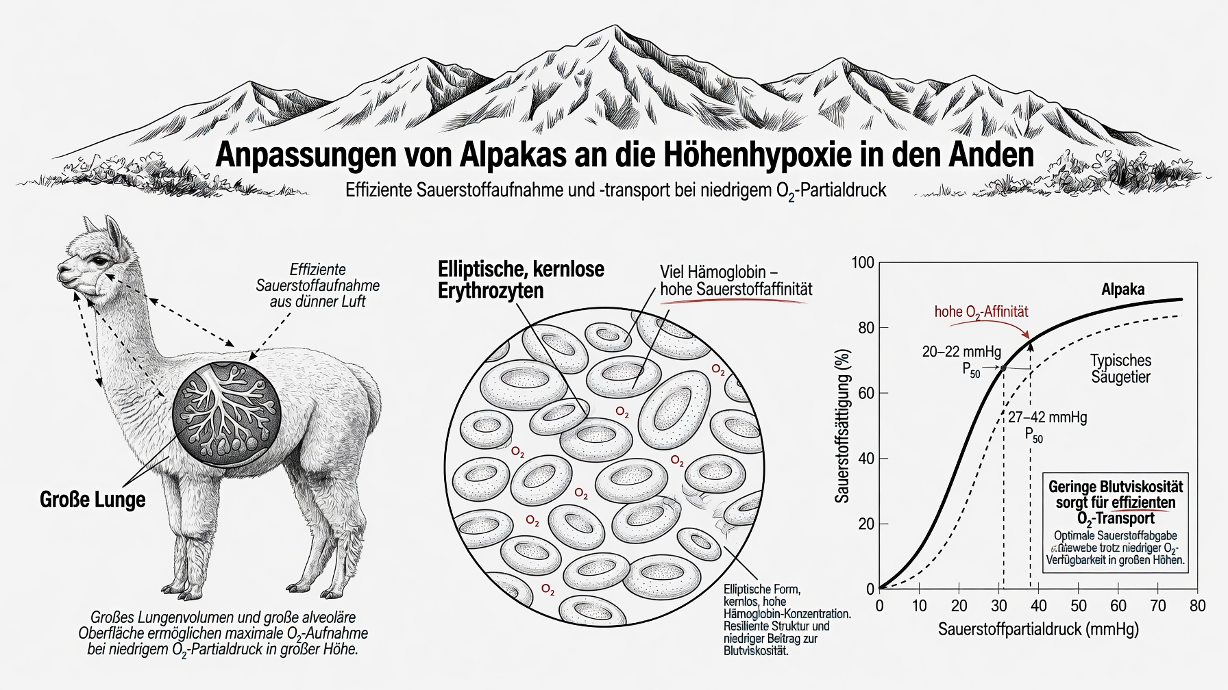 Infografik zu Anpassungen von Alpakas an die Höhenhypoxie in den Anden: große Lunge mit großer alveolärer Oberfläche, elliptische kernlose Erythrozyten mit hoher Hämoglobin-Konzentration und Sauerstoffaffinität, sowie Sauerstoffsättigungskurve im Vergleich zu einem typischen Säugetier (P50 20–22 mmHg beim Alpaka gegenüber 27–42 mmHg)