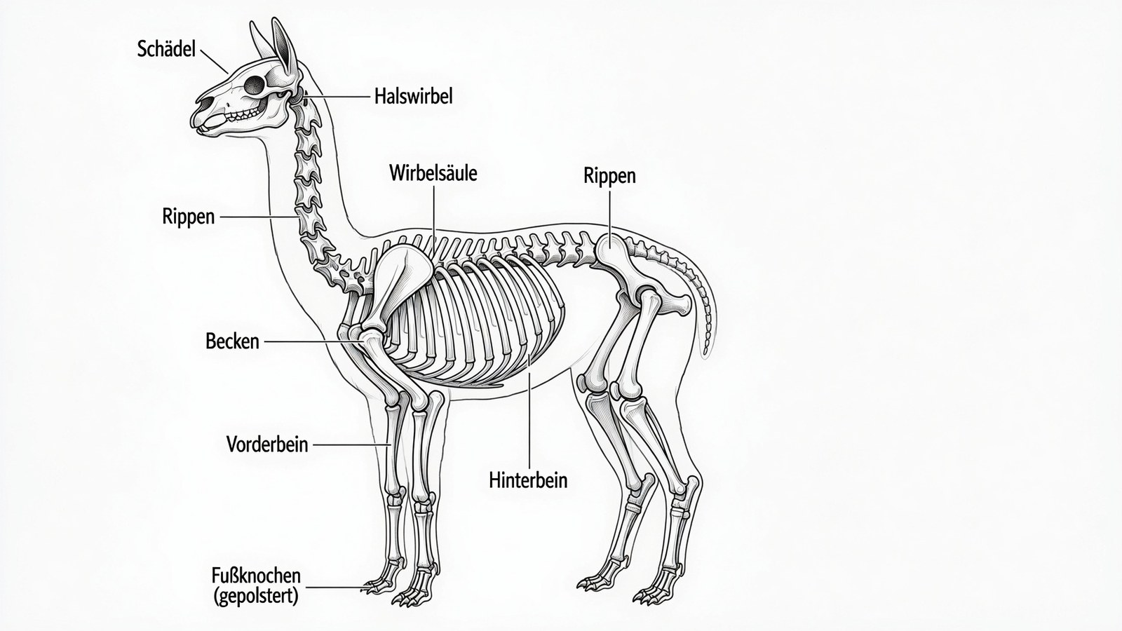 Skelettzeichnung eines Alpakas mit Schädel, Halswirbeln, Wirbelsäule, Rippen, Becken, Vorder- und Hinterbein sowie gepolsterten Fußknochen