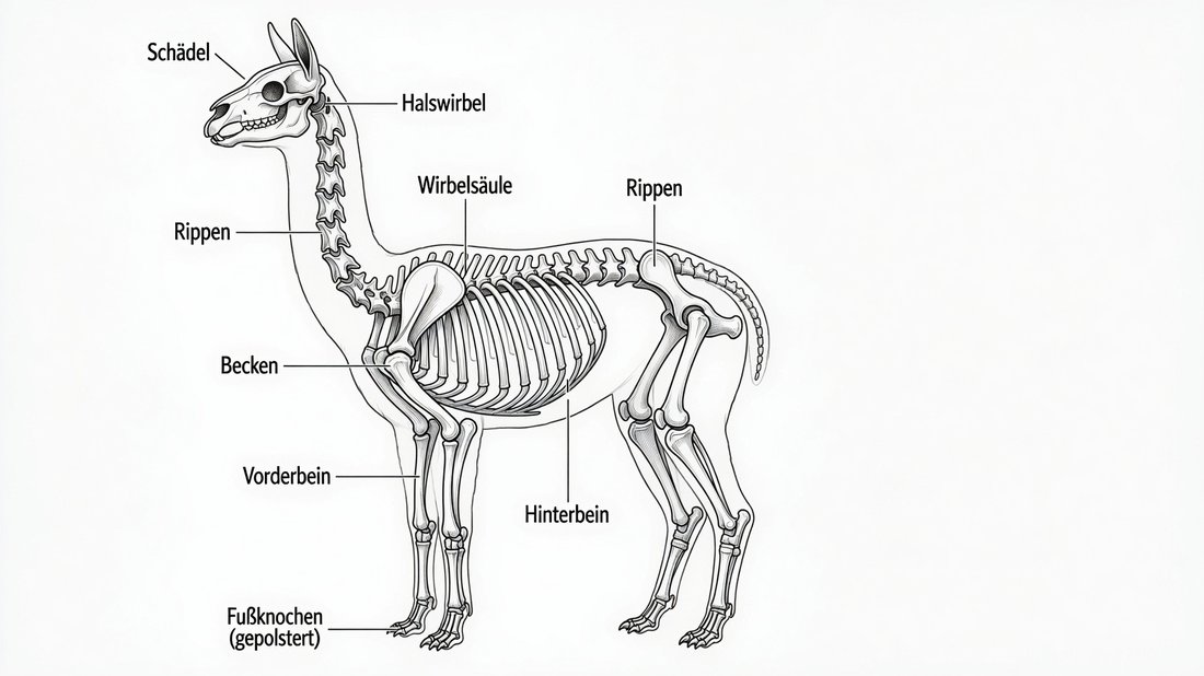 Skelettzeichnung eines Alpakas mit Beschriftungen zu Schädel, Halswirbeln, Wirbelsäule, Rippen, Becken, Vorder- und Hinterbein sowie gepolsterten Fußknochen