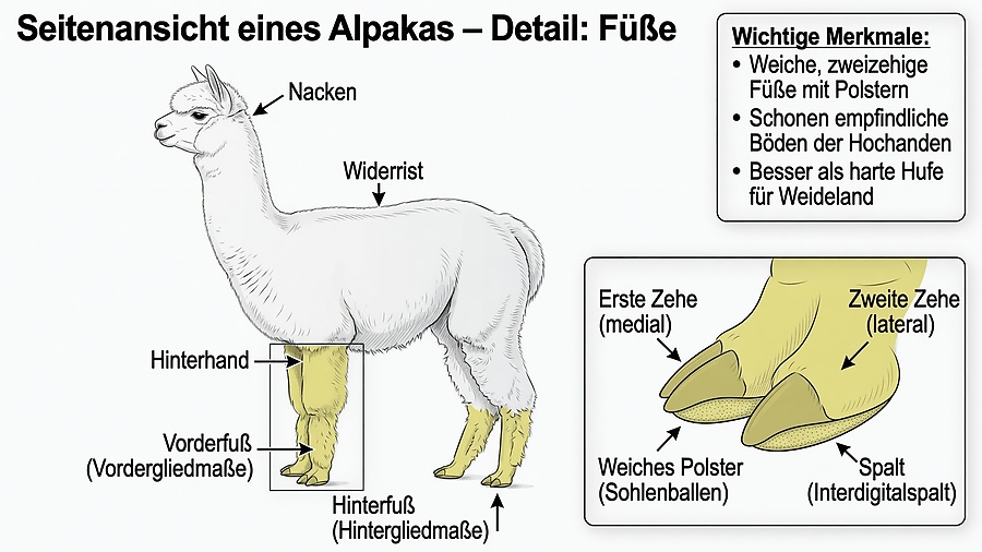 Illustration eines Alpaka-Fußes mit zwei Zehen, weichem Sohlenpolster und Interdigitalspalt, dazu Gesamtansicht mit Nacken, Widerrist, Vorder- und Hinterfuß