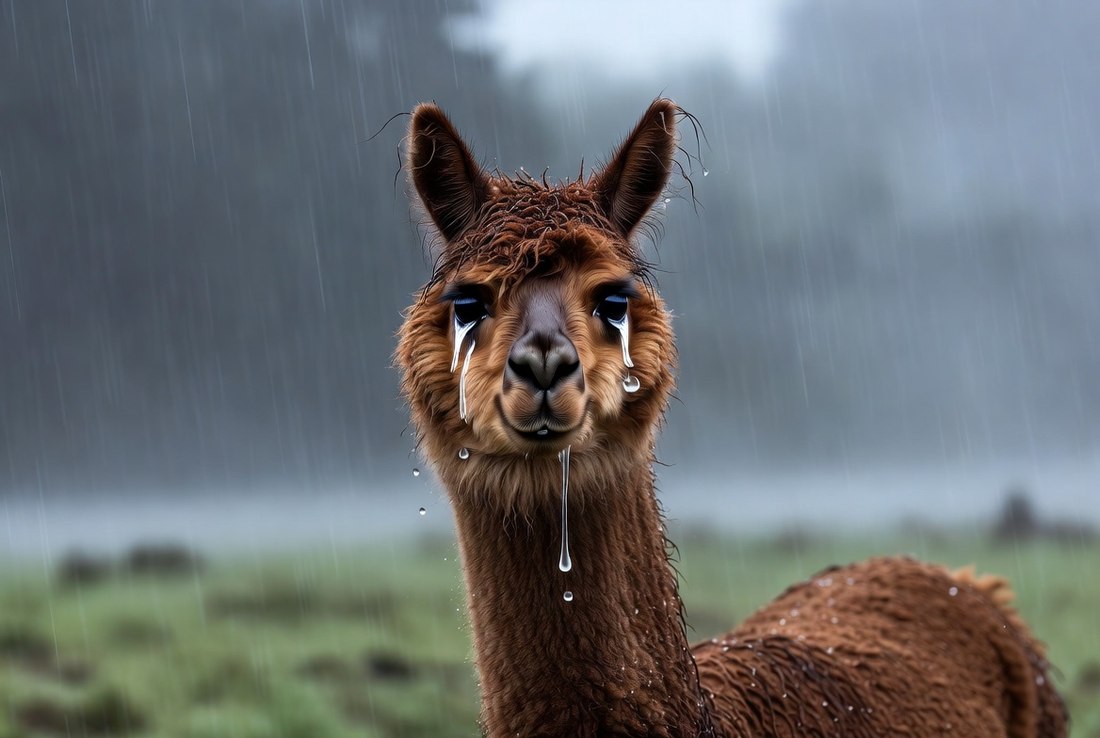 Ein einzelnes Alpaka steht allein und durchnässt im Regen auf einer Weide — sinnbildlich für ein Tier ohne Herdenanschluss