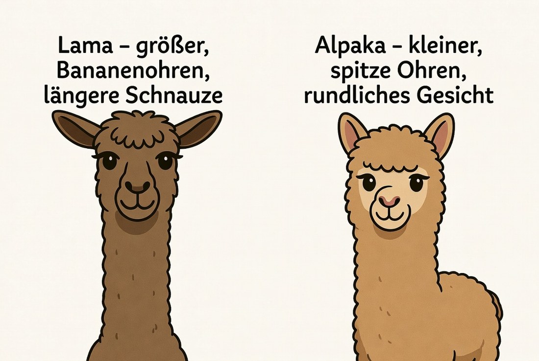 Illustration: Lama größer mit Bananenohren und längerer Schnauze, Alpaka kleiner mit spitzen Ohren und rundlichem Gesicht