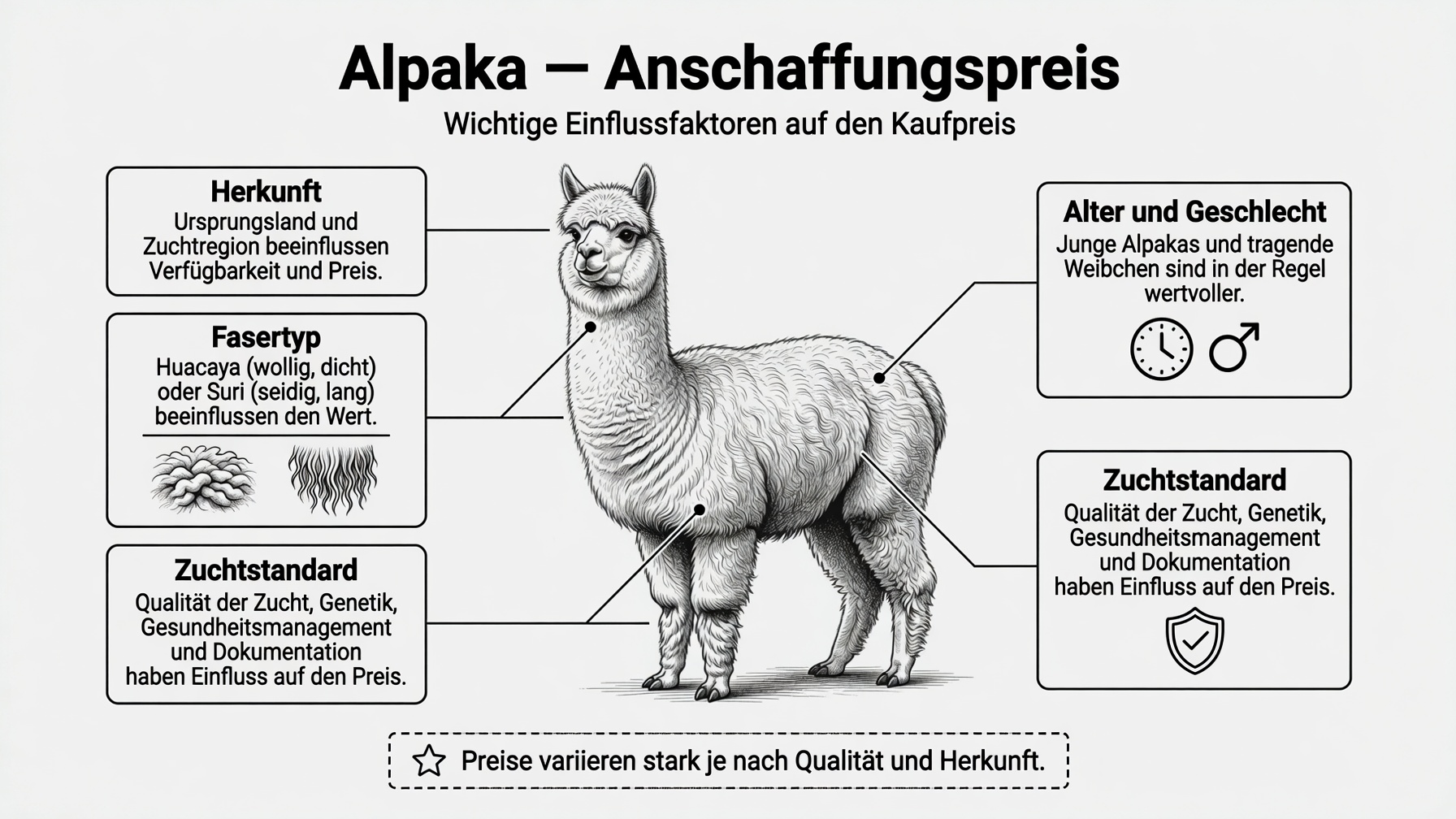 Infografik zum Alpaka-Anschaffungspreis: wichtige Einflussfaktoren auf den Kaufpreis — Herkunft (Ursprungsland und Zuchtregion), Fasertyp (Huacaya wollig-dicht vs. Suri seidig-lang), Alter und Geschlecht sowie Zuchtstandard (Qualität der Zucht, Genetik, Gesundheitsmanagement und Dokumentation)
