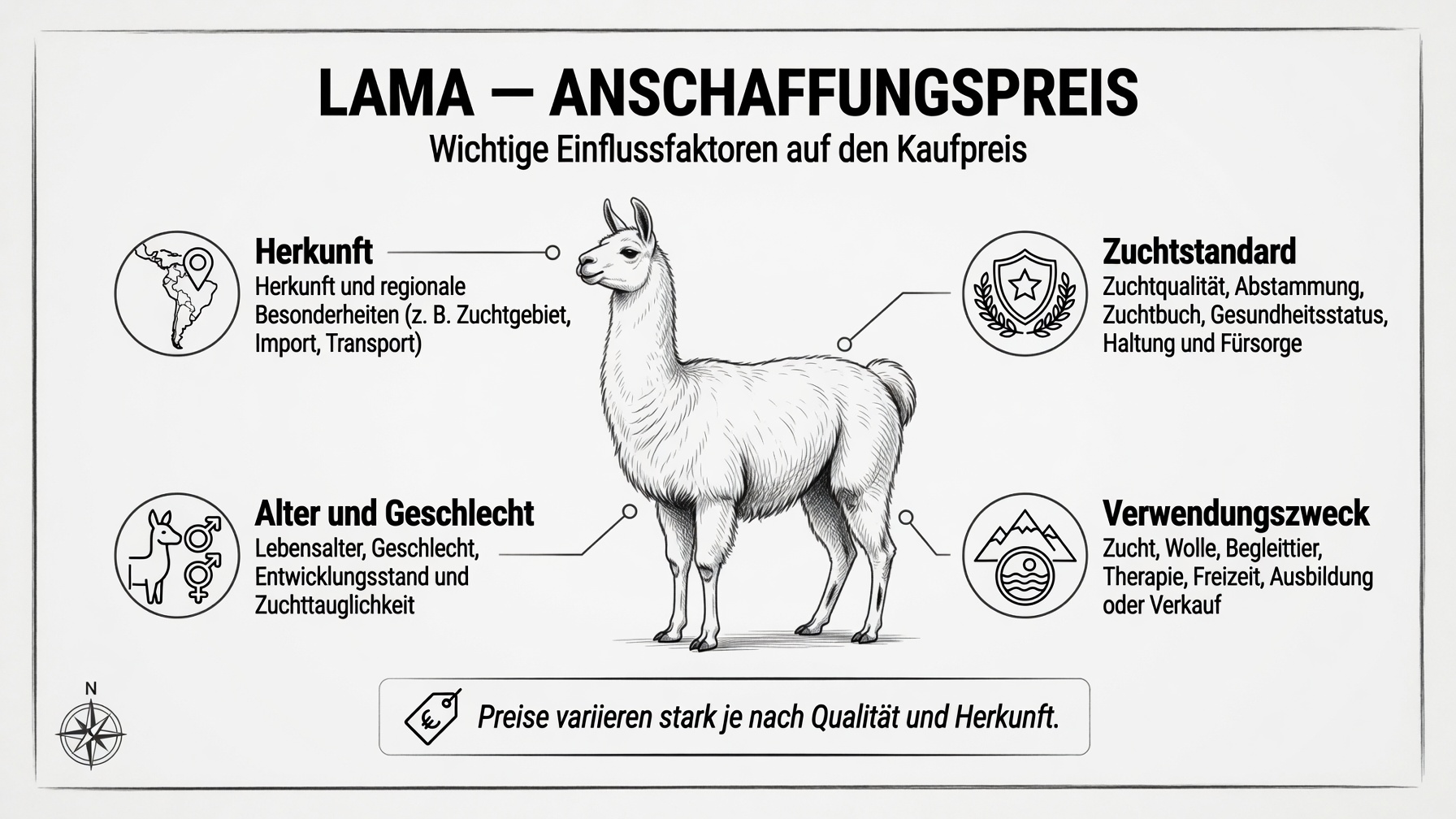 Infografik zum Lama-Anschaffungspreis: wichtige Einflussfaktoren auf den Kaufpreis — Herkunft (Herkunft und regionale Besonderheiten), Zuchtstandard (Zuchtqualität, Abstammung, Zuchtbuch, Gesundheitsstatus), Alter und Geschlecht sowie Verwendungszweck (Zucht, Wolle, Begleittier, Therapie, Freizeit, Ausbildung oder Verkauf)