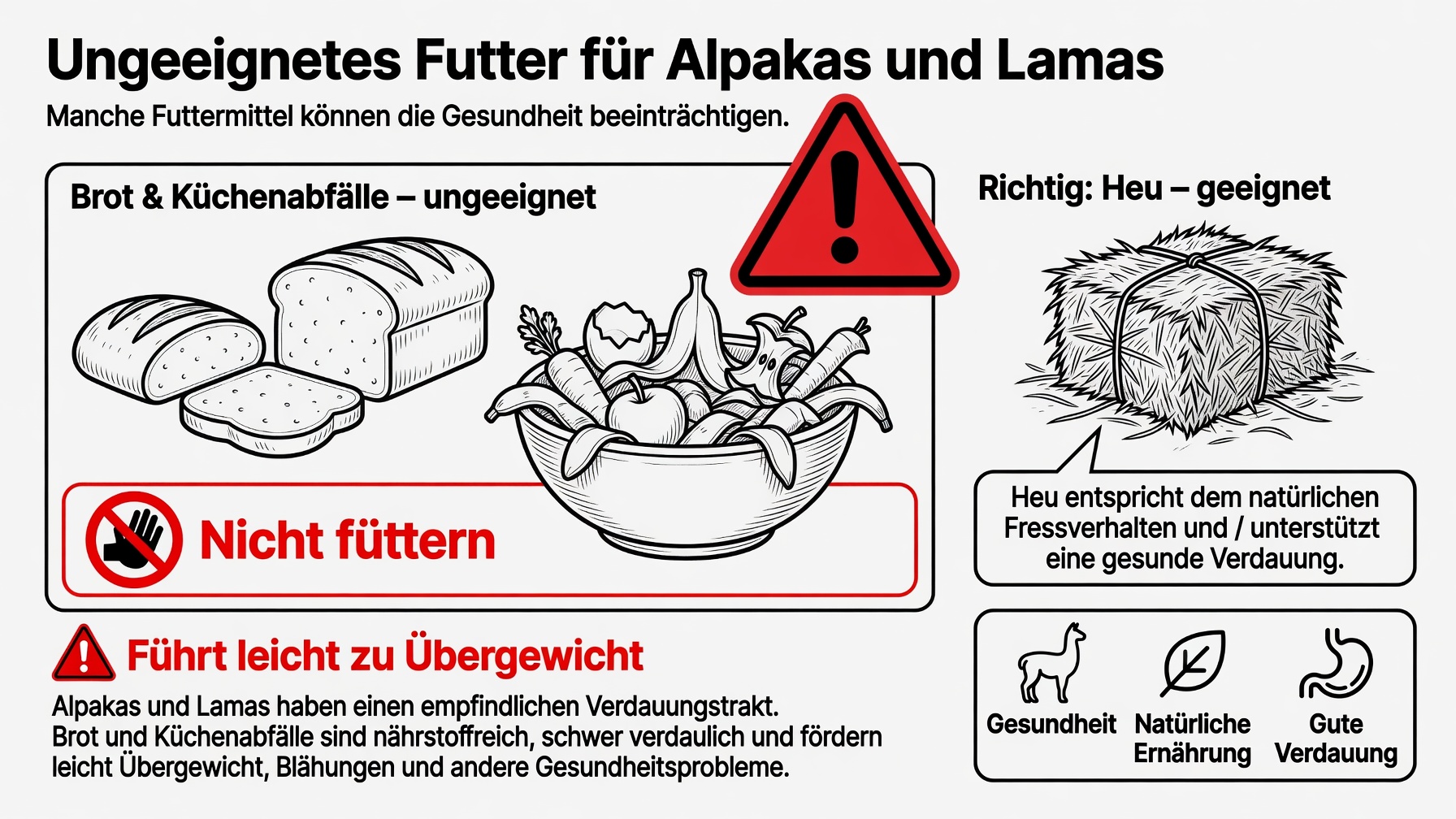 Infografik: Brot und Küchenabfälle sind ungeeignetes Futter für Alpakas und Lamas und führen leicht zu Übergewicht, Blähungen und anderen Gesundheitsproblemen — Heu entspricht dagegen dem natürlichen Fressverhalten