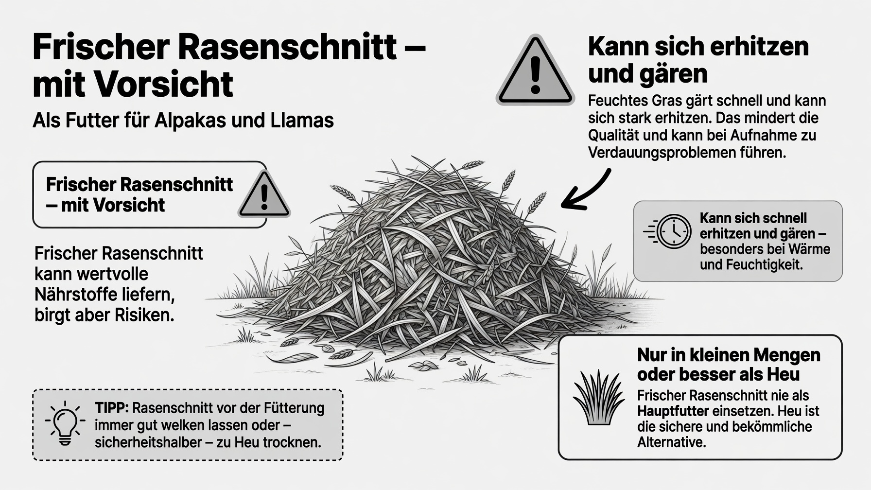 Infografik: Frischer Rasenschnitt kann sich schnell erhitzen und gären, besonders bei Wärme und Feuchtigkeit, und sollte nur in kleinen Mengen oder besser als Heu verfüttert werden