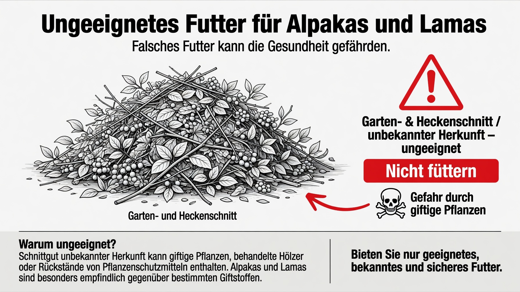 Infografik: Garten- und Heckenschnitt unbekannter Herkunft ist ungeeignetes Futter, da er giftige Pflanzen, behandelte Hölzer oder Pflanzenschutzmittelrückstände enthalten kann