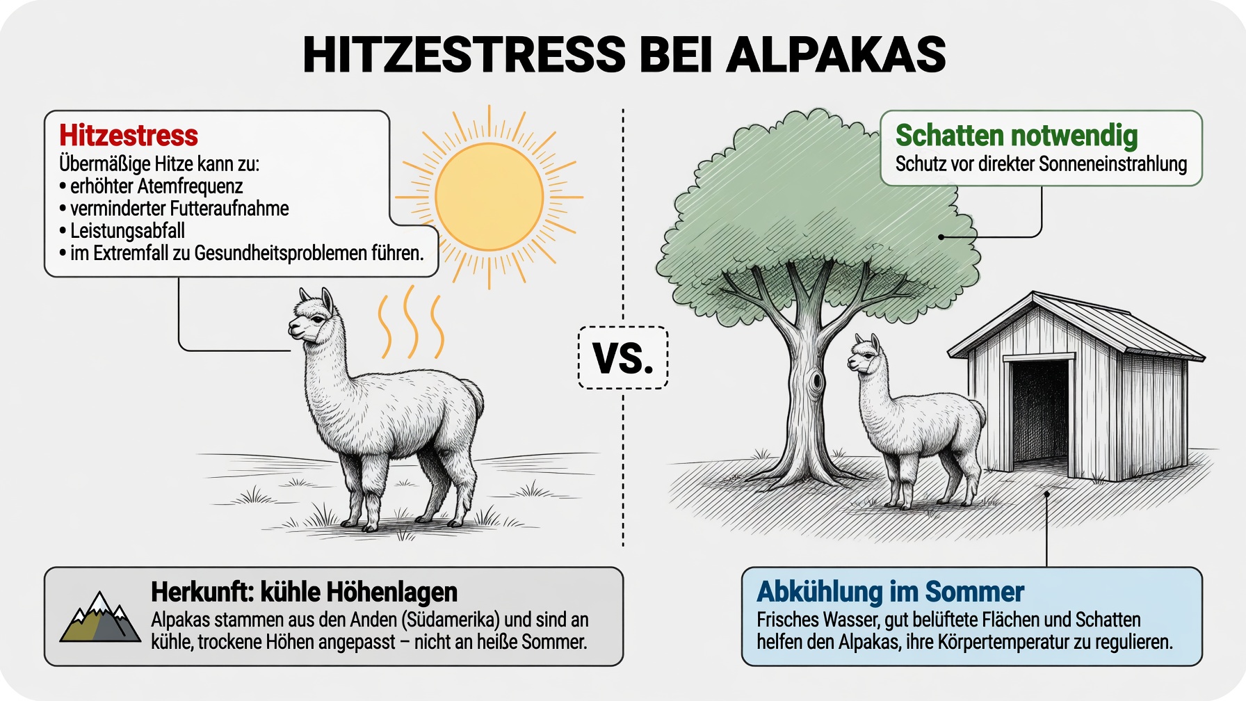 Infografik zu Hitzestress bei Alpakas: Gegenüberstellung eines Tieres in praller Sonne mit Symptomen wie erhöhter Atemfrequenz, verminderter Futteraufnahme und Leistungsabfall sowie eines Tieres im Schatten mit Hinweisen zu Schattenspendern, frischem Wasser und gut belüfteten Flächen zur Regulierung der Körpertemperatur