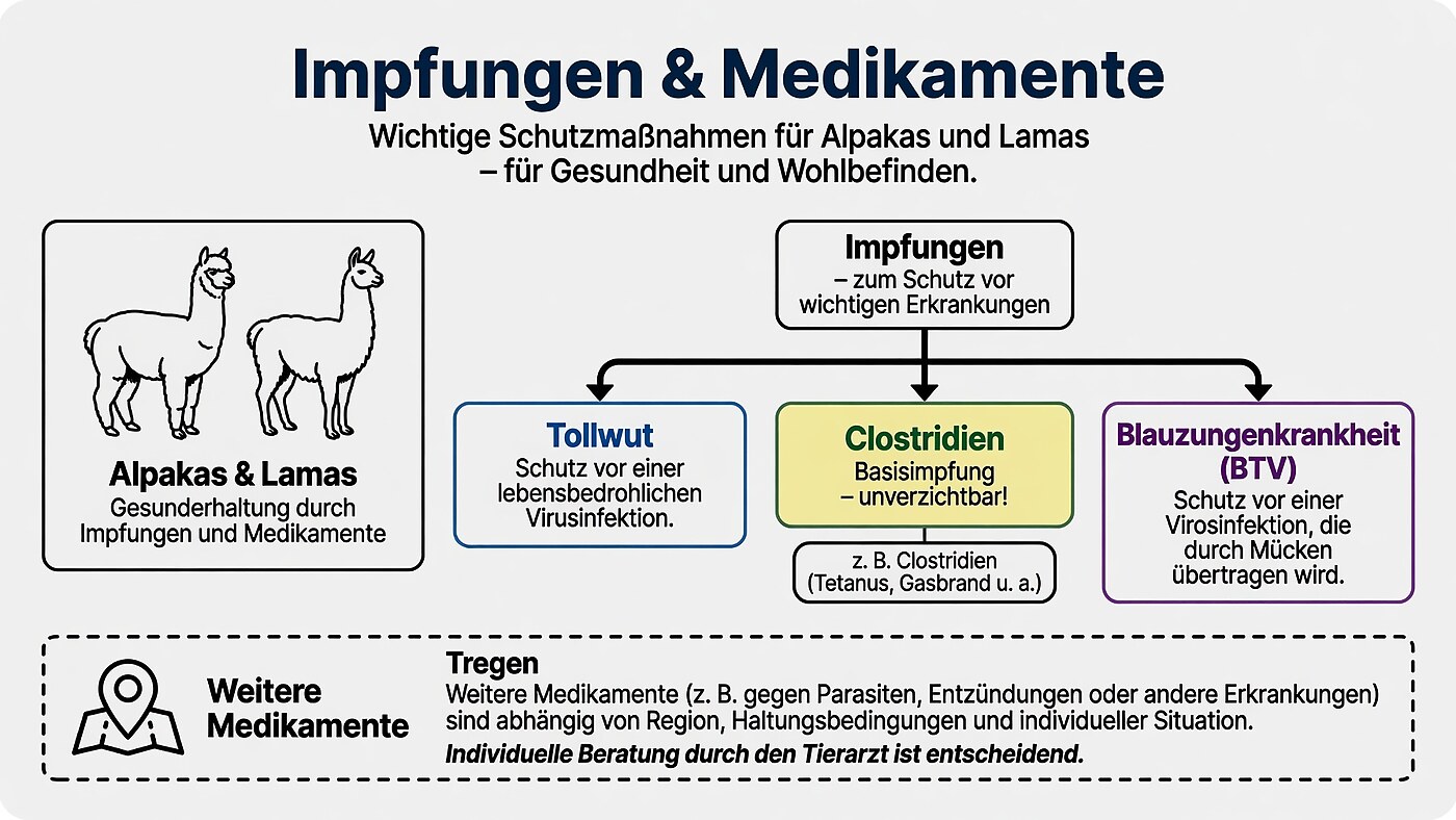 Infografik zu Impfungen und Medikamenten bei Alpakas und Lamas: Basisimpfung gegen Clostridien sowie situationsabhängige Impfungen gegen Tollwut und Blauzungenkrankheit (BTV), außerdem Hinweis auf weitere Medikamente je nach Region und Haltungsbedingungen