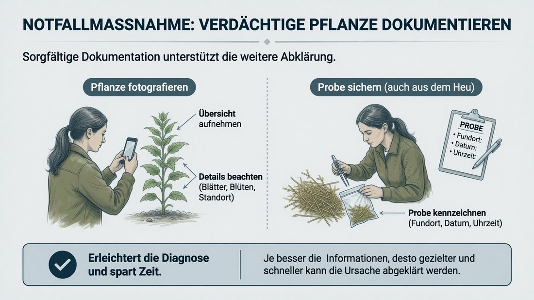 Infografik: Verdächtige Pflanze fotografieren und eine Probe sichern, auch aus dem Heu, mit Fundort, Datum und Uhrzeit kennzeichnen