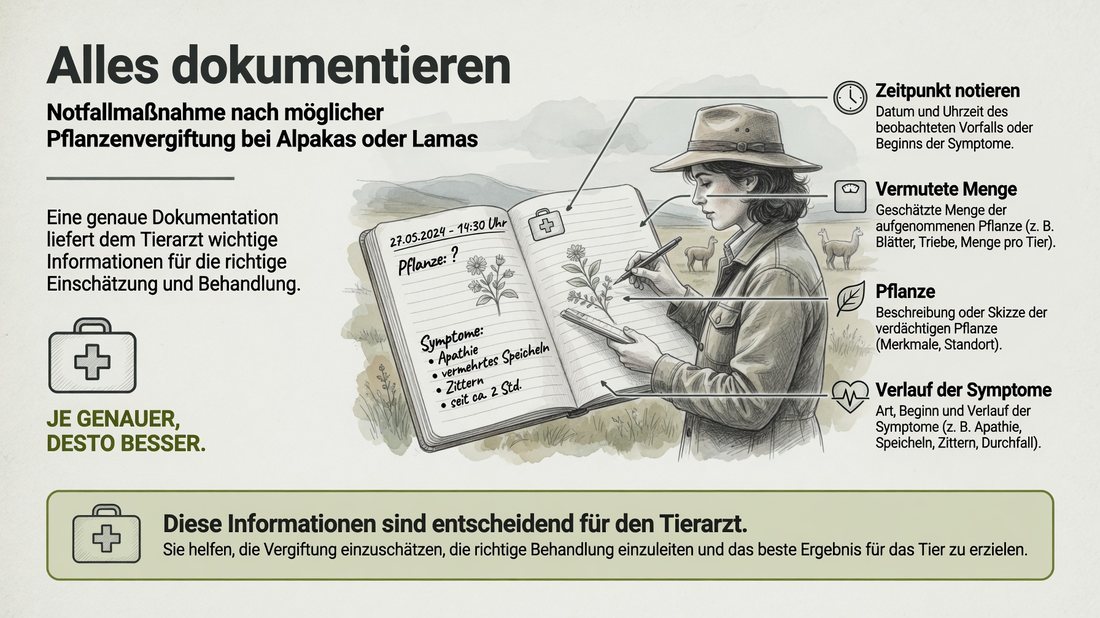 Infografik: Alles dokumentieren — Zeitpunkt, vermutete Menge, Pflanze und Verlauf der Symptome notieren