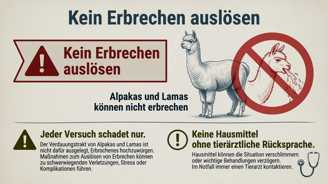 Infografik: Alpakas und Lamas können nicht erbrechen — kein Erbrechen auslösen und keine Hausmittel ohne tierärztliche Rücksprache