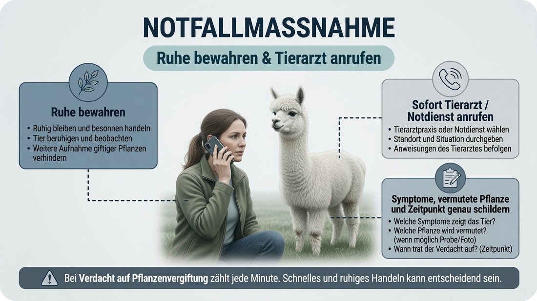 Infografik: Ruhe bewahren und sofort den Tierarzt oder tierärztlichen Notdienst anrufen, Standort und Symptome genau schildern