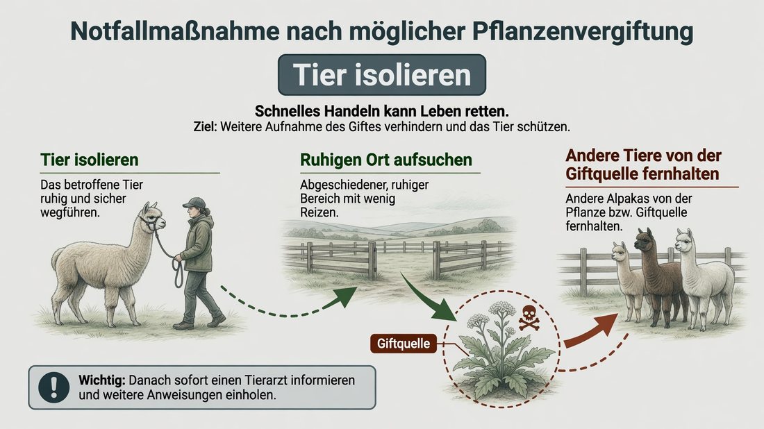 Infografik: Betroffenes Tier isolieren, an einen ruhigen Ort bringen und andere Tiere von der Giftquelle fernhalten