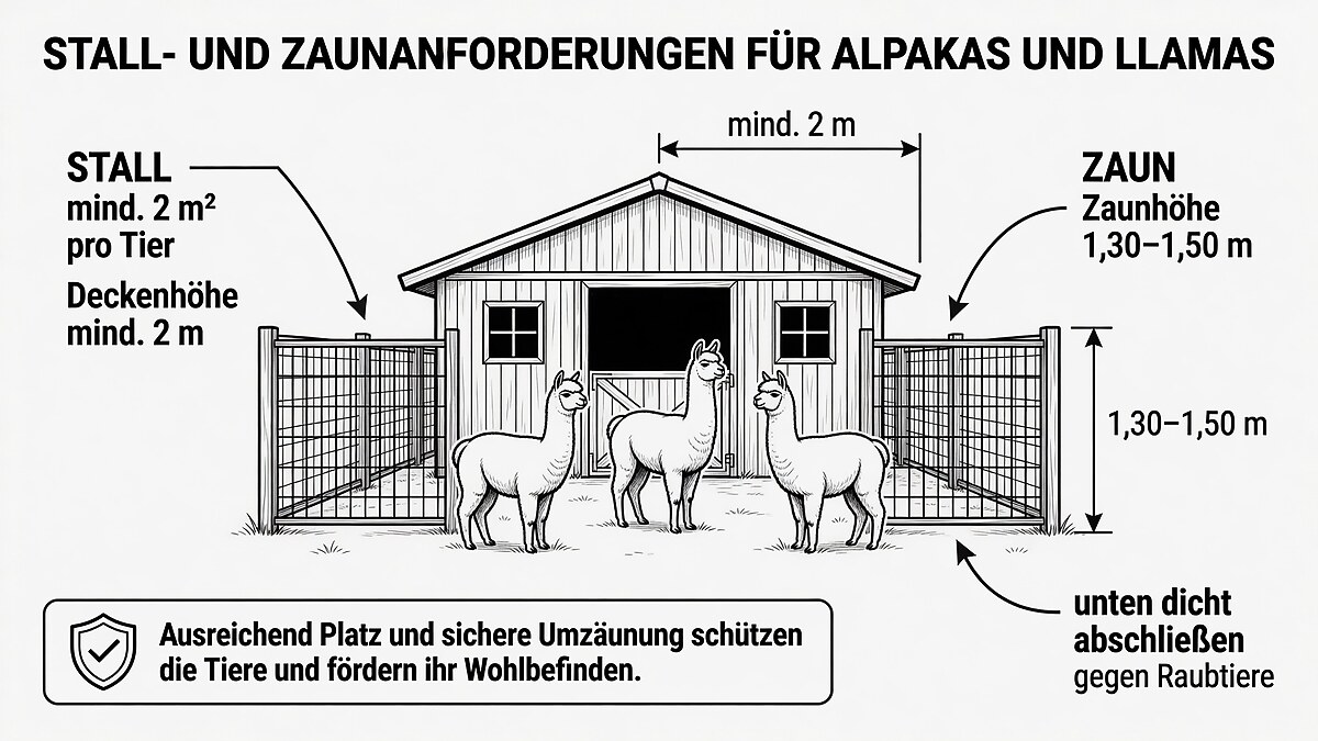 Infografik zu Stall- und Zaunanforderungen für Alpakas und Lamas: mindestens 2 m² Stallfläche pro Tier, 2 m Deckenhöhe, Zaunhöhe 1,30 bis 1,50 m, unten dicht abschließend