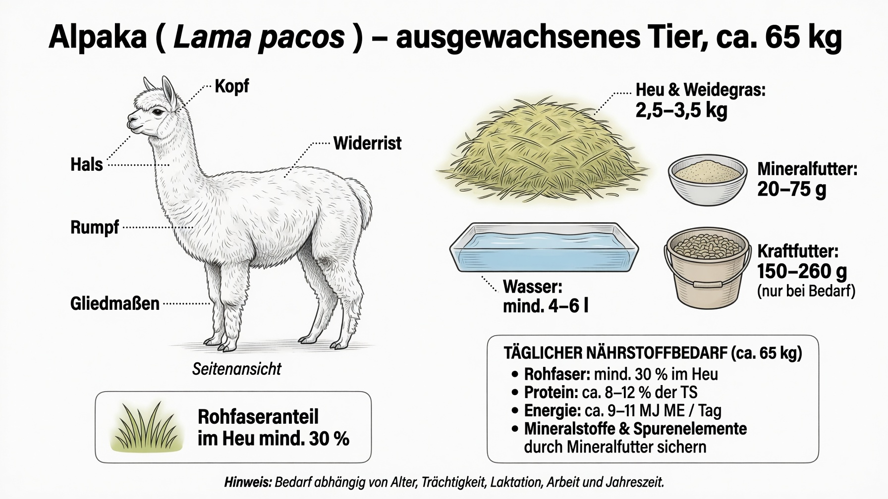 Infografik zum Tagesbedarf eines ausgewachsenen Alpakas von ca. 65 kg: 2,5–3,5 kg Heu und Weidegras, mindestens 4–6 Liter Wasser, 20–75 g Mineralfutter, 150–260 g Kraftfutter nur bei Bedarf, mindestens 30 % Rohfaseranteil im Heu