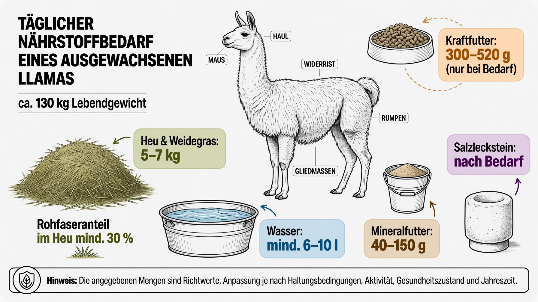 Infografik zum Tagesbedarf eines ausgewachsenen Lamas von ca. 130 kg: 5–7 kg Heu und Weidegras, mindestens 6–10 Liter Wasser, 40–150 g Mineralfutter, 300–520 g Kraftfutter nur bei Bedarf, mindestens 30 % Rohfaseranteil im Heu