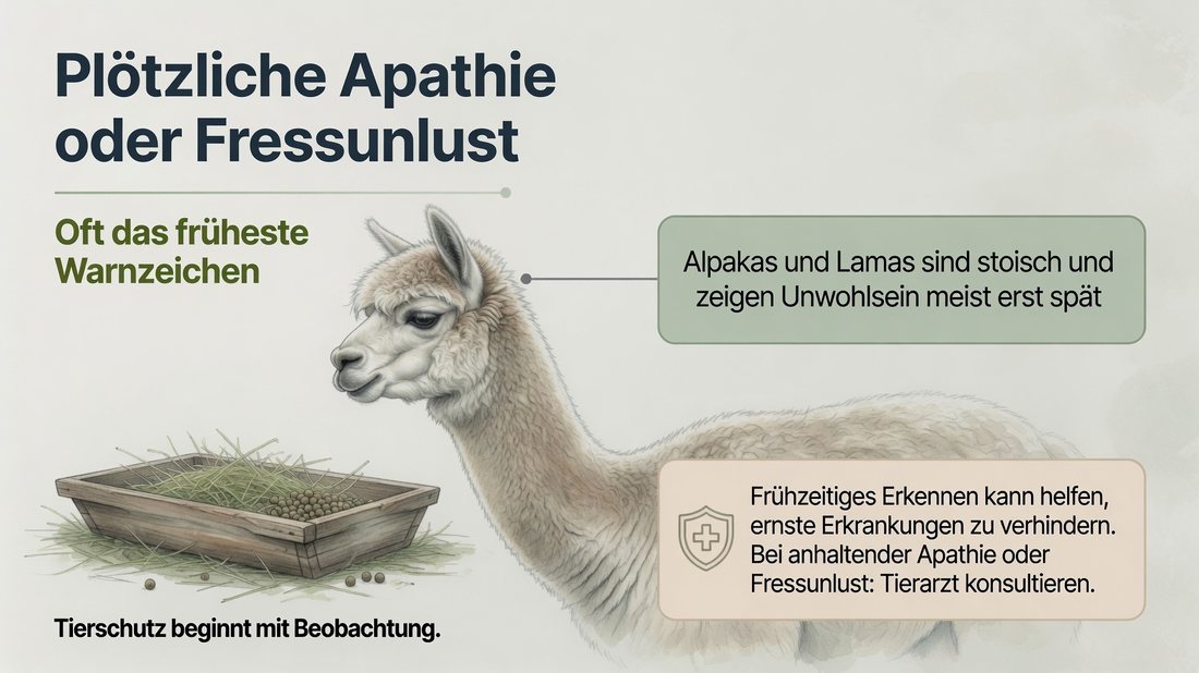 Infografik: Plötzliche Apathie oder Fressunlust als frühes Warnzeichen nach möglicher Pflanzenvergiftung bei Alpakas und Lamas