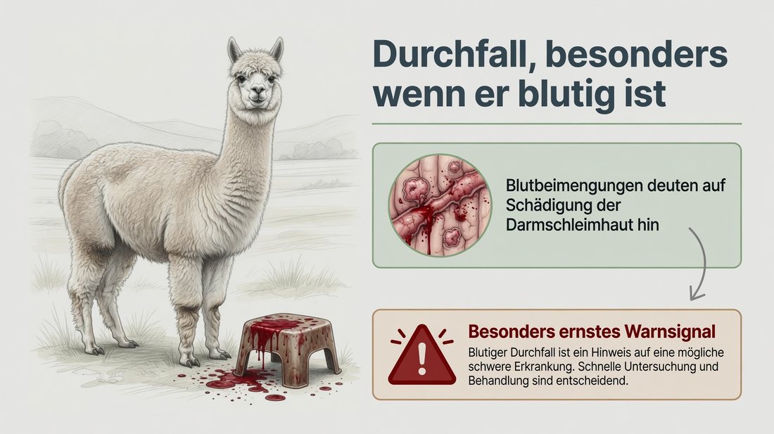 Infografik: Durchfall, besonders wenn er blutig ist, als besonders ernstes Warnsignal bei Alpakas und Lamas