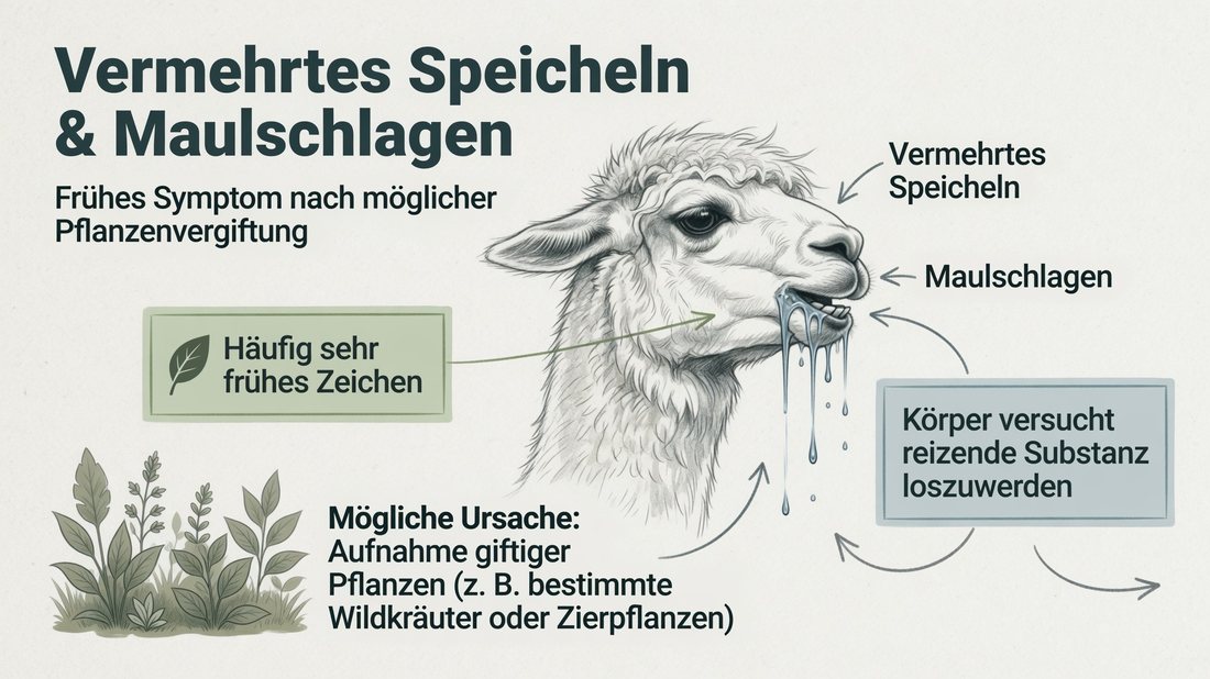 Infografik: Vermehrtes Speicheln und Maulschlagen als frühes Warnzeichen nach möglicher Pflanzenvergiftung bei Alpakas und Lamas