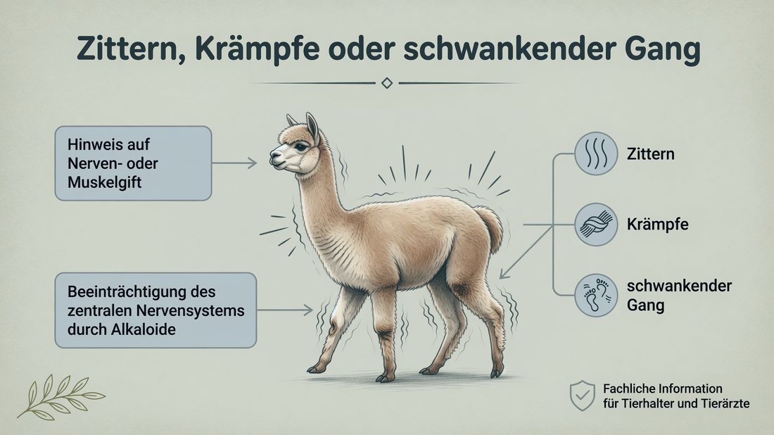 Infografik: Zittern, Krämpfe oder schwankender Gang als Hinweis auf ein Nerven- oder Muskelgift bei Alpakas und Lamas