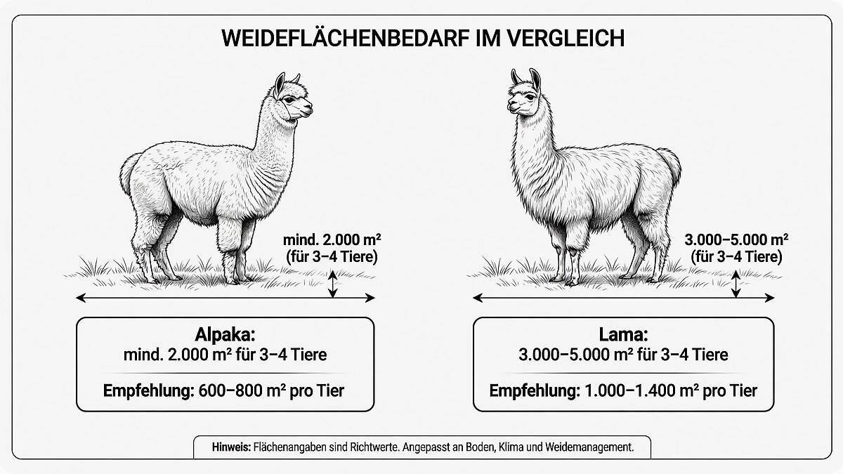Infografik zum Weideflächenbedarf im Vergleich: Alpaka mindestens 2.000 m² für 3 bis 4 Tiere, Lama 3.000 bis 5.000 m² für 3 bis 4 Tiere