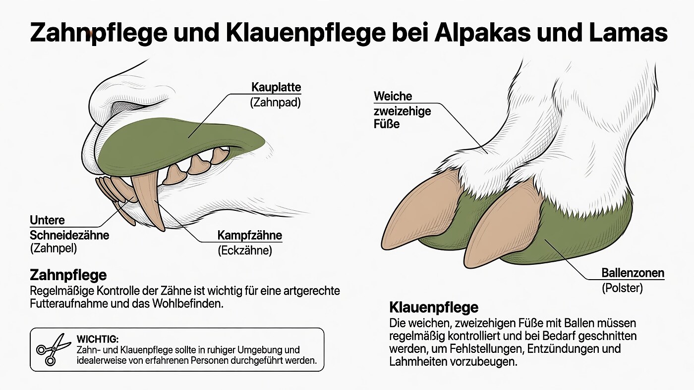 Infografik zur Zahn- und Klauenpflege bei Alpakas und Lamas: beschriftete Darstellung von Kauplatte (Zahnpad), unteren Schneidezähnen und Kampfzähnen sowie der weichen zweizehigen Füße mit Ballenzonen (Polster)
