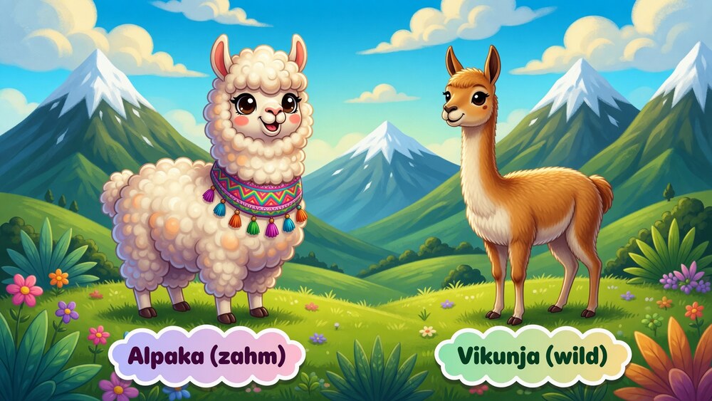 Vergleich: Alpaka (zahm) und Vikunja (wild)