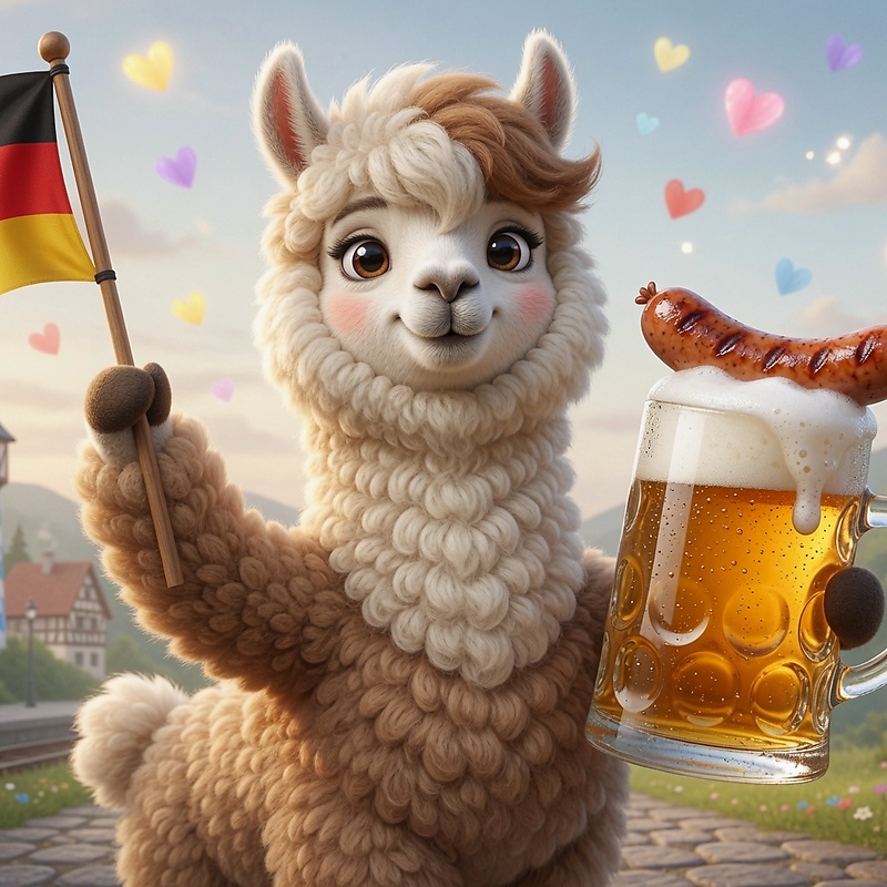 Alpaka mit deutscher Flagge und Bierkrug vor bayerischem Dorf und Schloss — seit den 1990ern in Deutschland zuhause