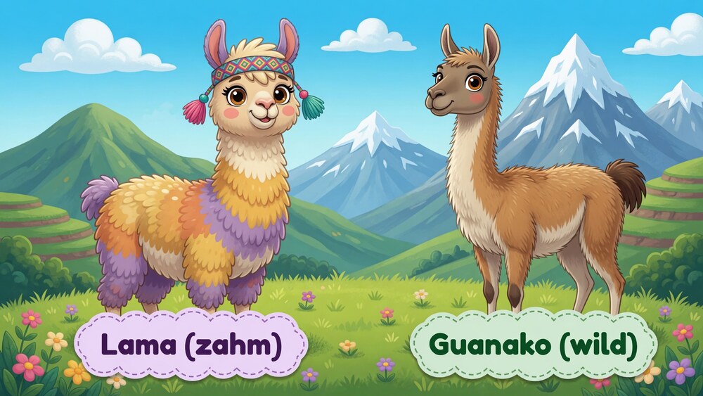 Vergleich: Lama (zahm) und Guanako (wild)