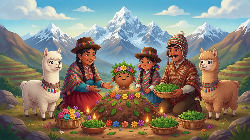 Andine Familie mit Alpakas bei einer Opfergabe aus Blumen und Coca-Blättern zu Ehren der Erdmutter Pachamama