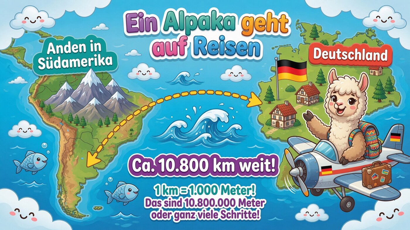 Illustration: Ein Alpaka fliegt mit dem Flugzeug von den Anden in Südamerika nach Deutschland, ca. 10.800 km Entfernung