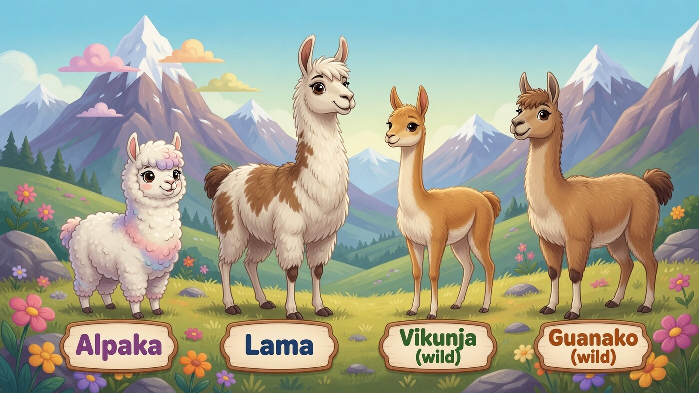 Die vier Kamelarten Südamerikas: Alpaka, Lama, Vikunja und Guanako im Vergleich