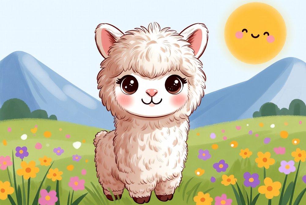 Ein gezeichnetes flauschiges Alpaka mit großen dunklen Augen steht auf einer bunten Blumenwiese vor Bergen und lachender Sonne