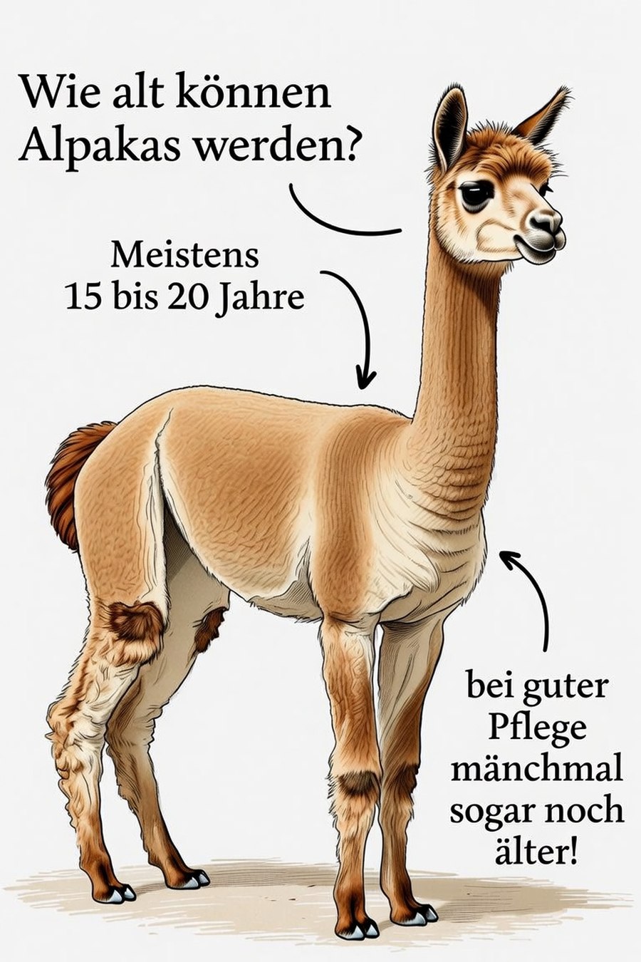Infografik: Ein Alpaka mit den Angaben, dass Alpakas meistens 15 bis 20 Jahre alt werden und bei guter Pflege sogar noch älter werden können