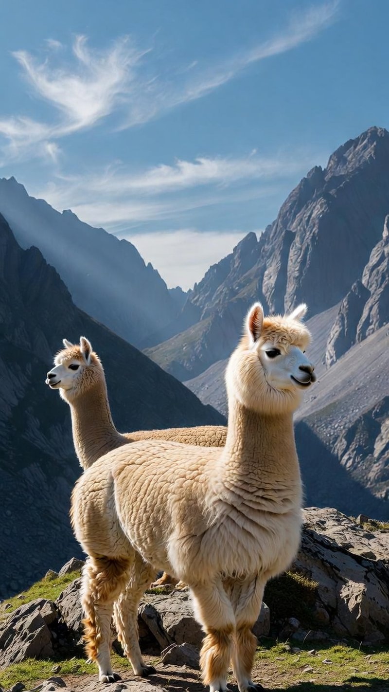 Zwei Alpakas stehen auf einem Felsen hoch in den Bergen mit Blick auf schroffe Gipfel