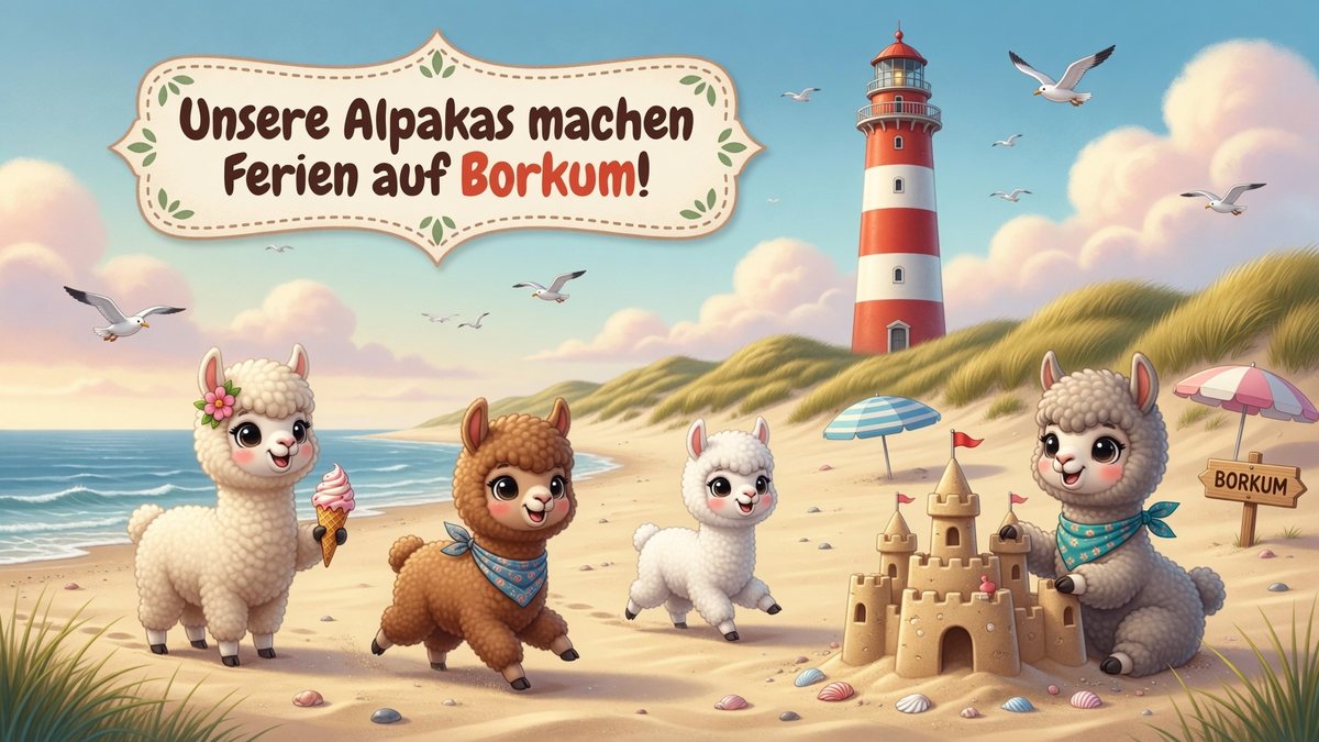 Alpakas im Urlaub am Strand von Borkum mit rot-weißem Leuchtturm, Sandburg, Strandmuschel und Eiswaffel